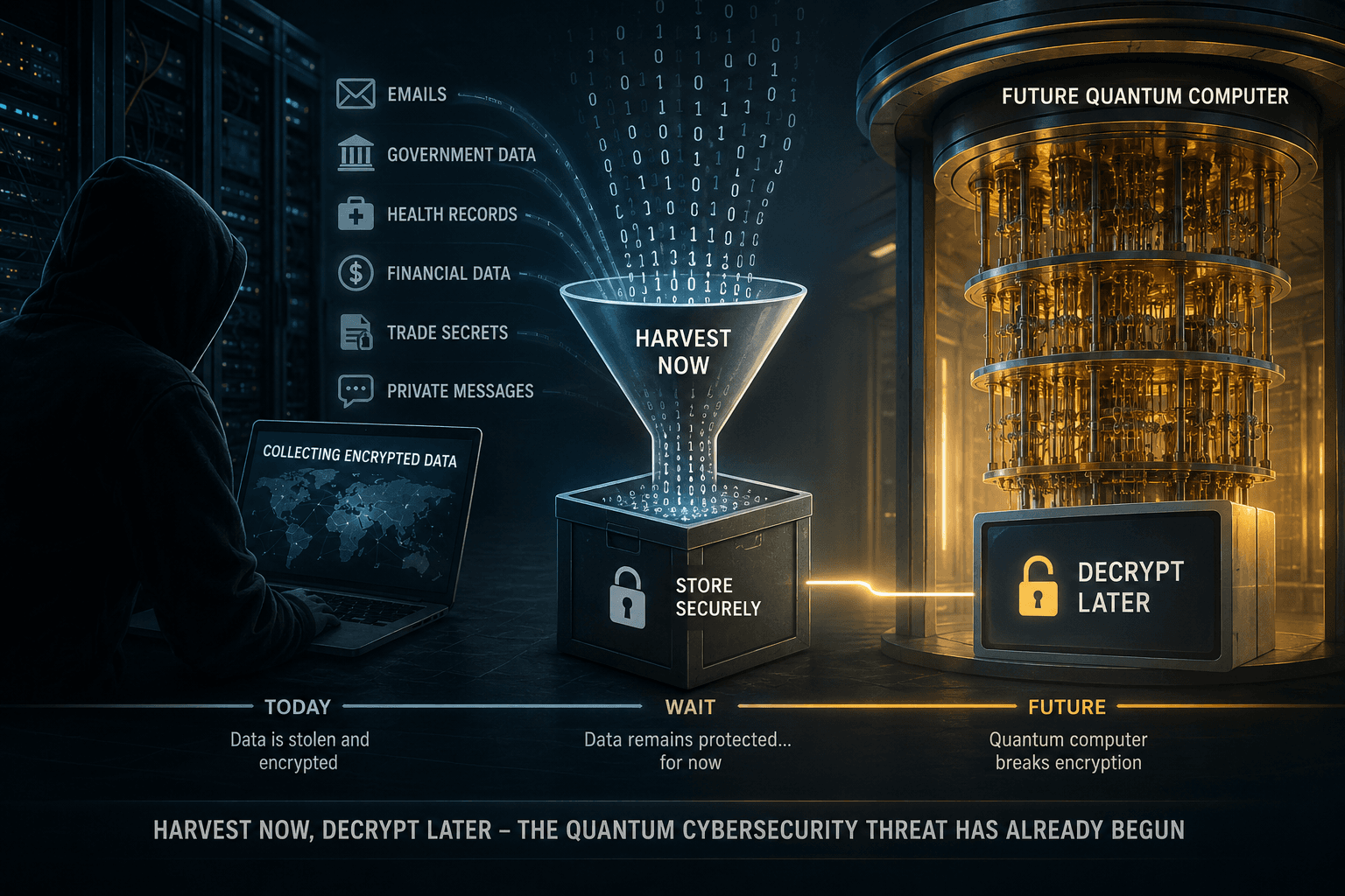 Digital encrypted data being collected and stored as a quantum computer emerges in the background, illustrating a harvest-now-decrypt-later cybersecurity attack.