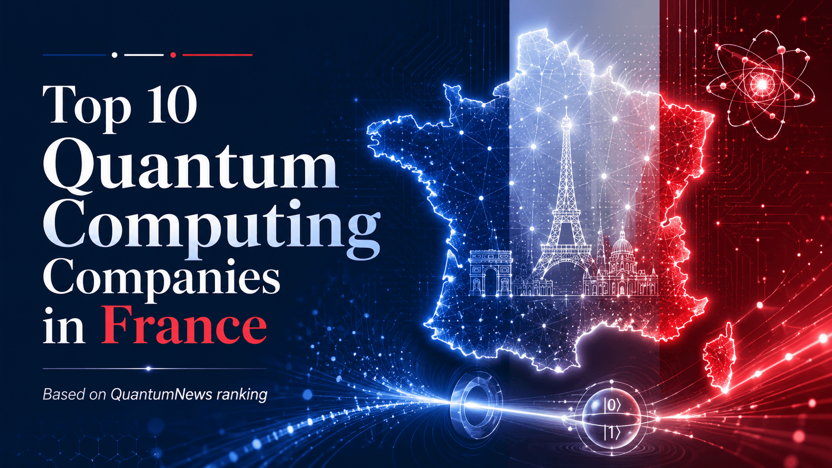 Top 10 quantum computing companies in France banner featuring a digital map of France in blue, white and red with quantum network, qubit and photonic technology graphics.