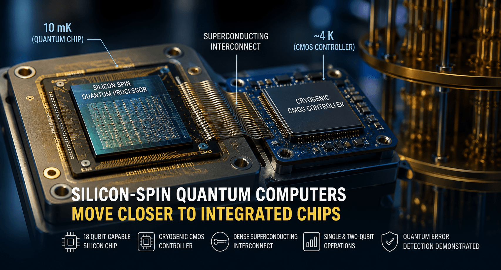 Silicon spin-qubit processor connected to a cryogenic CMOS control chip through dense integrated interconnects inside a quantum computing package.