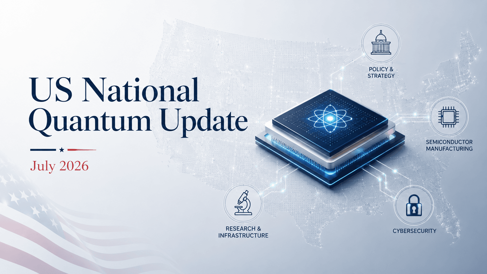 US quantum-computing ecosystem represented by a quantum processor connected to semiconductor manufacturing, cybersecurity, federal research and scientific infrastructure.
